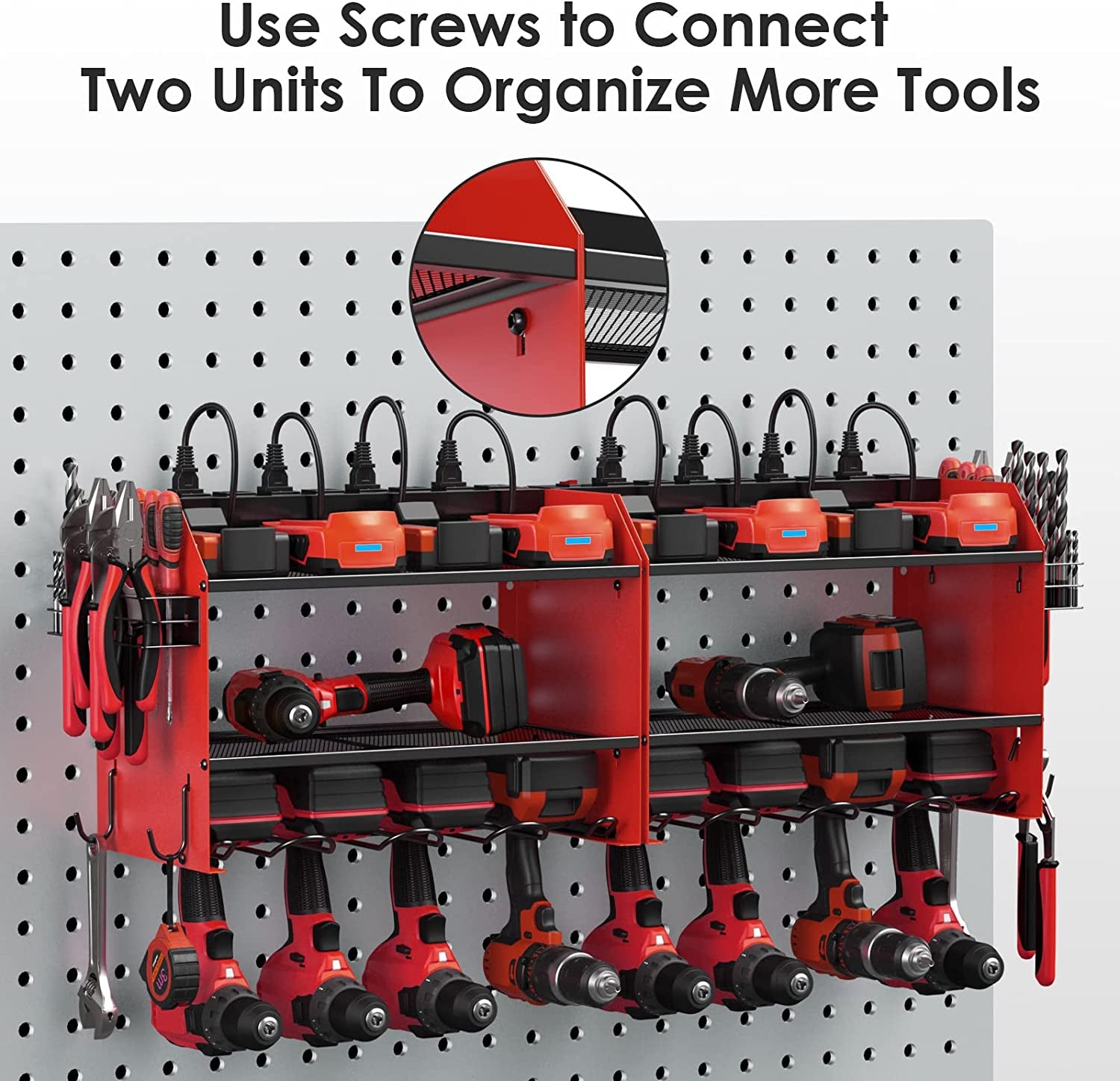 Modular Power Tool Organizer Wall Mount with Charging Station. Garage 4 Drill Storage Shelf with Hooks, Screwdriver, Drill Bit Heavy Duty Rack, Tool Battery Holder Built in 8 Outlet Power Strip.