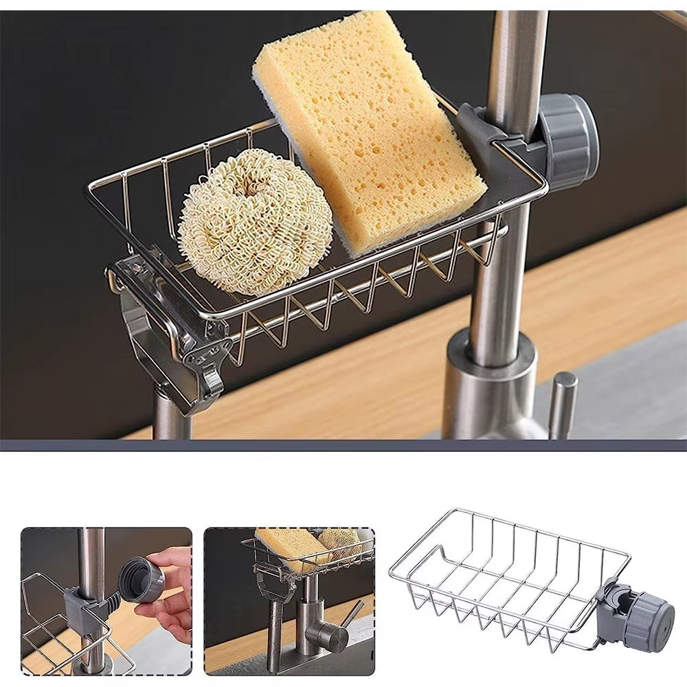 Hanging Faucet Rack Adjustable Height Flexible and Rotatable Kitchen Sink Drain Holder Suitable for Soap Sponges Brushes