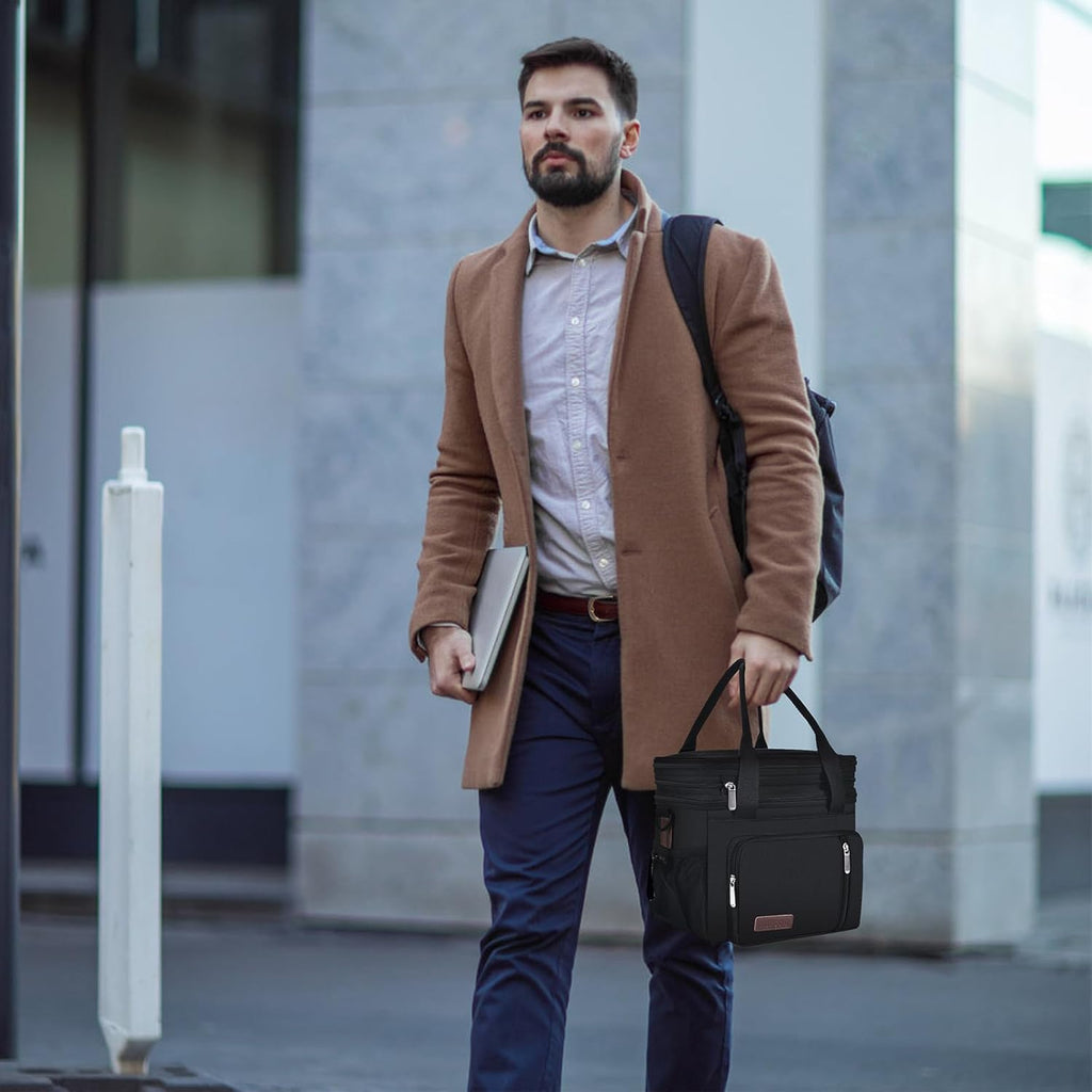 Lunch Bag for Women Men Double Deck Lunch Box - Leakproof Insulated Soft Large Lunch Cooler Bag,  (Black,15L)