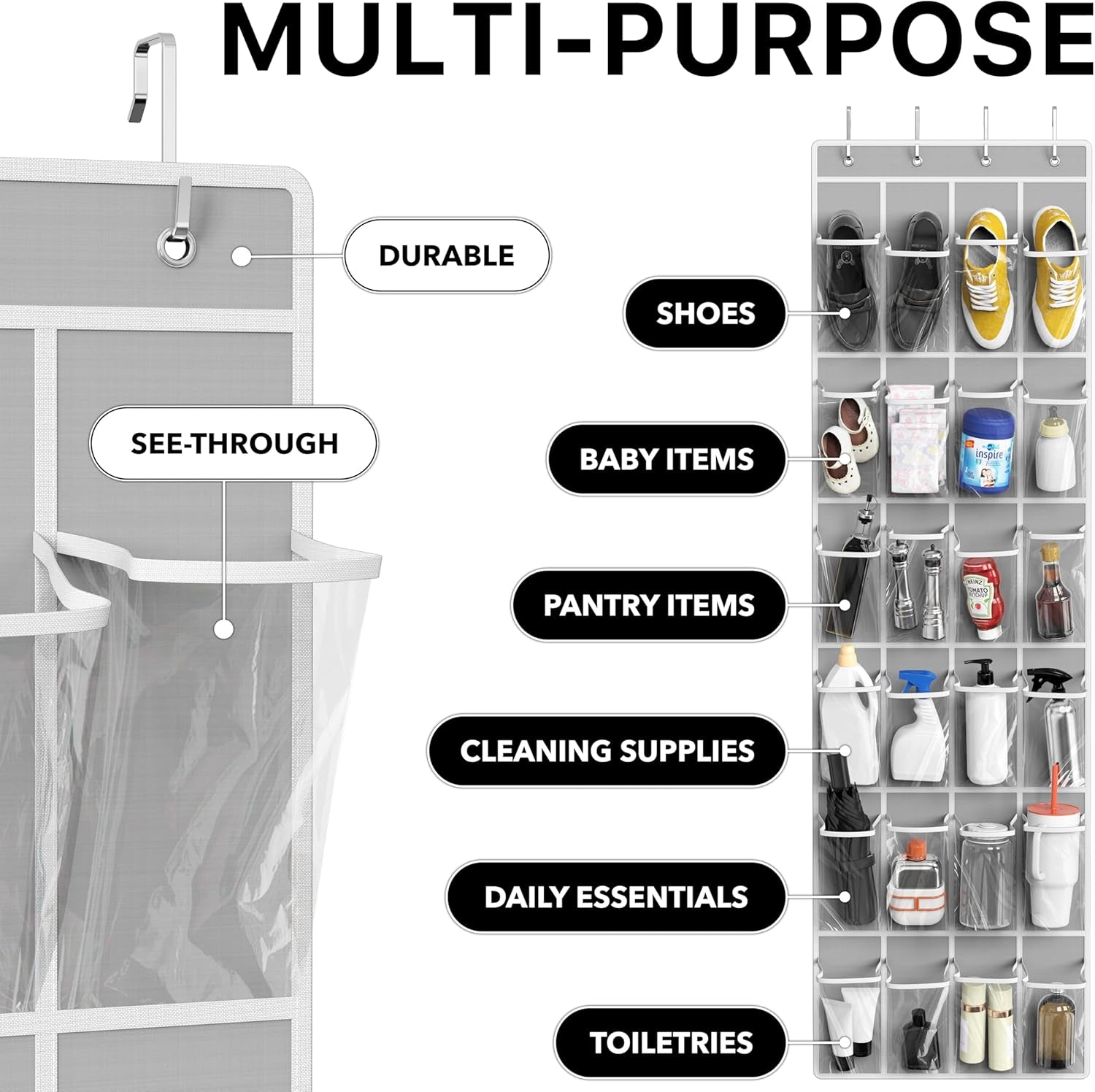 Simplehouseware Crystal Clear over the Door Hanging Shoe Organizer, 24 Pockets, Grey (162.6 Cm H X 48.6 Cm W)